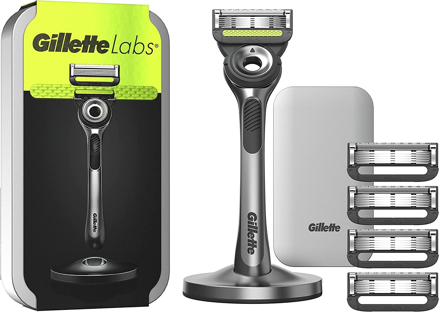 خرید از آمازون - GilletteLabs با نوار لایه بردار، تیغ مردانه ژیلت، 1 دسته، - 5 عدد پر کننده تیغه، با کیف مسافرتی، ایده جعبه کادویی تیغ مردانه + 5 عدد مجدد