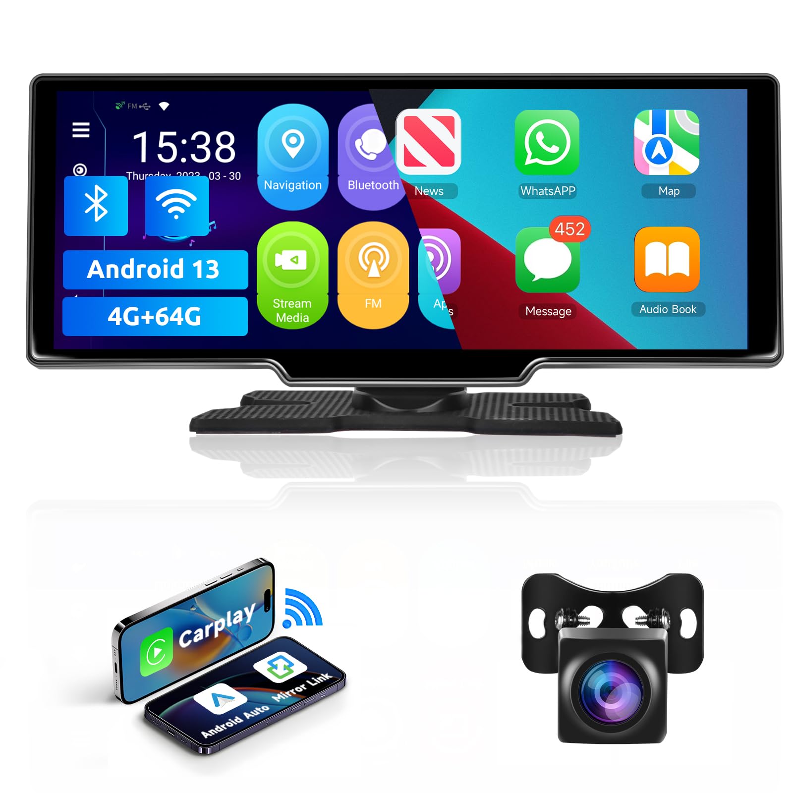 خرید از آمازون - Hodozzy 4G+64G Android Wireless Carplay Screen Car و Android Car Display، رادیو ماشین قابل حمل 10.26 اینچ، نمایشگر Carplay با دوربین Navi بلوتوث WiFi FM Mirror Link Car Multimedia Player 10.26 اینچ با دوربین دید عقب